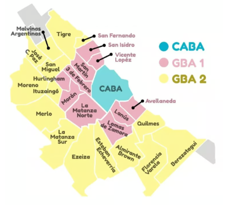 Mapa orientativo de CABA, GBA 1 y GBA 2